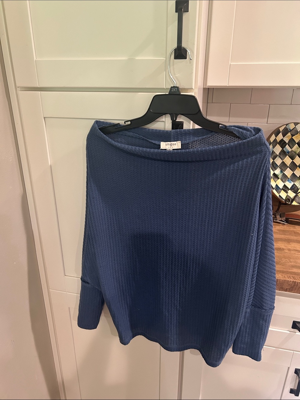 Umgee Navy Blue Off-Shoulder Waffle Knit Sweater